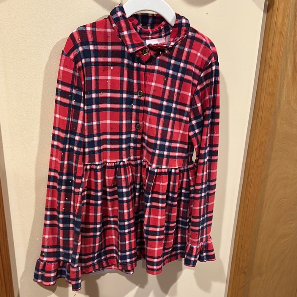 Little Lass Red and Blue Pleated Shirt Dress with Cuffed Sleeves
